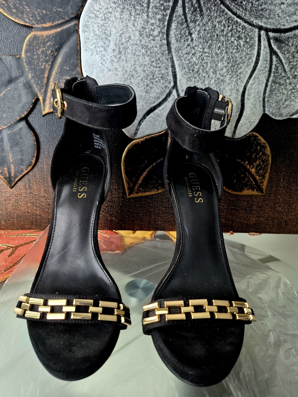 GUESS Black Suede Ankle-Strap Heels with Gold Chain Accent